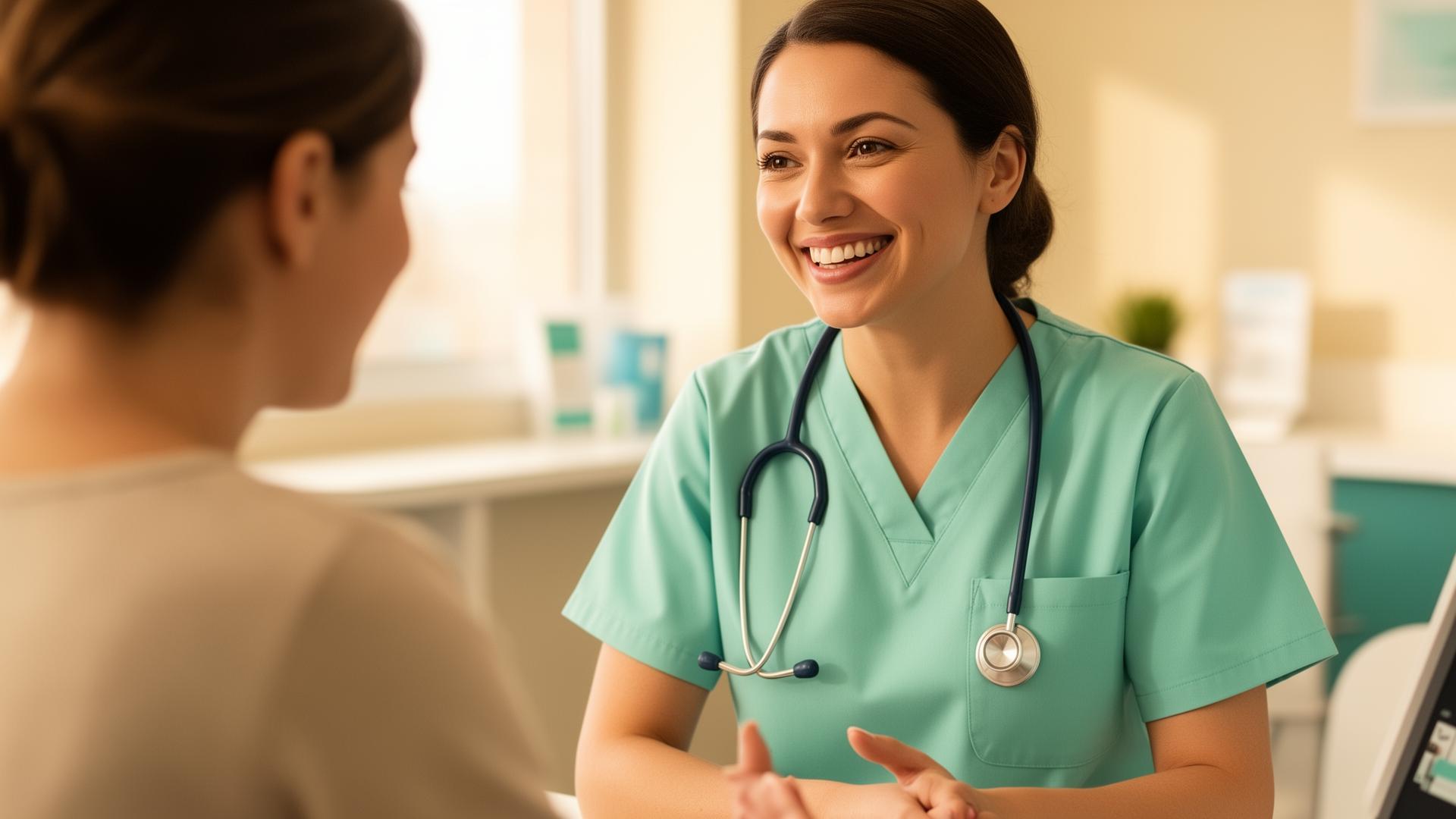Smiling clinician in teal scrubs warmly speaking with a patient