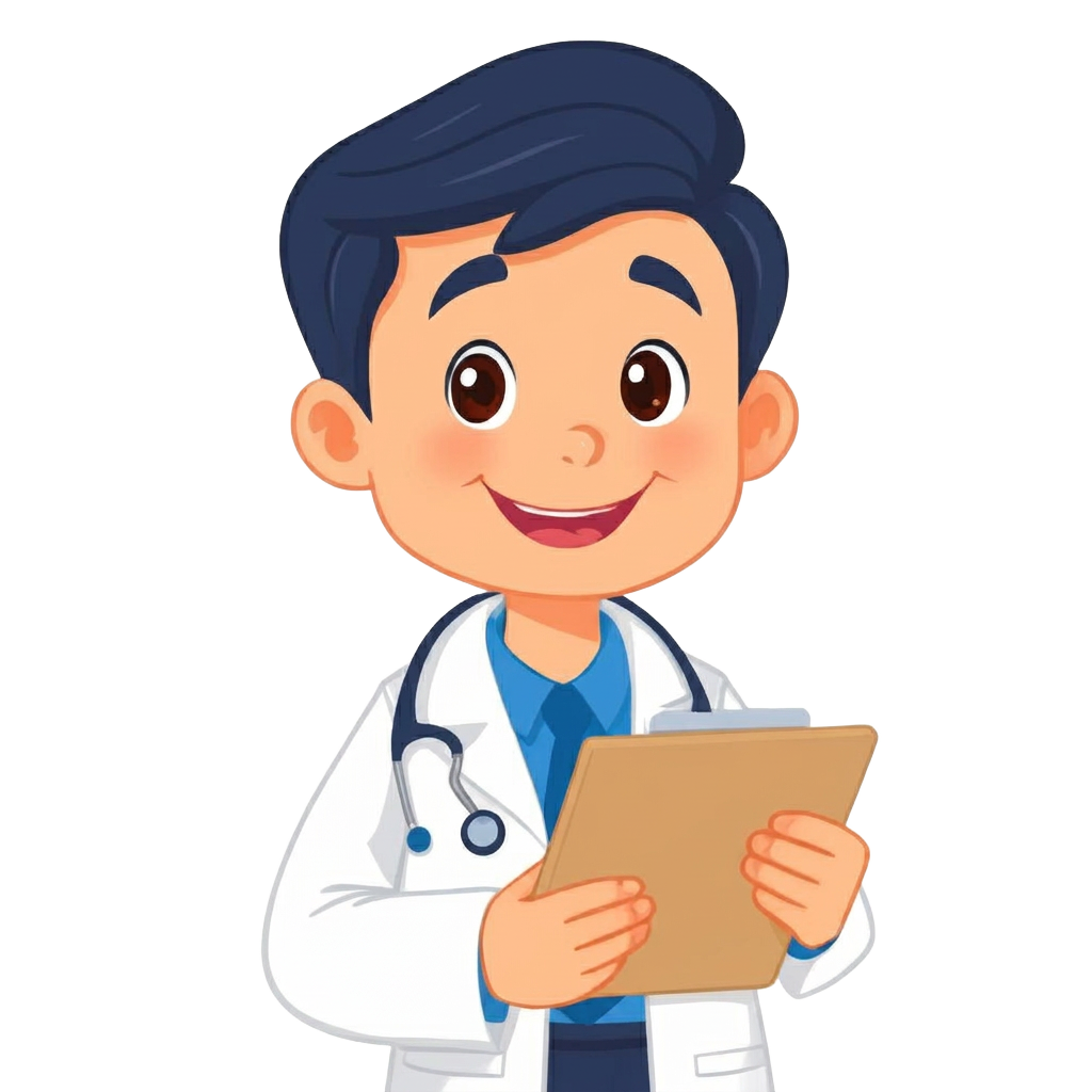 Smiling doctor with a stethoscope reviewing a clipboard