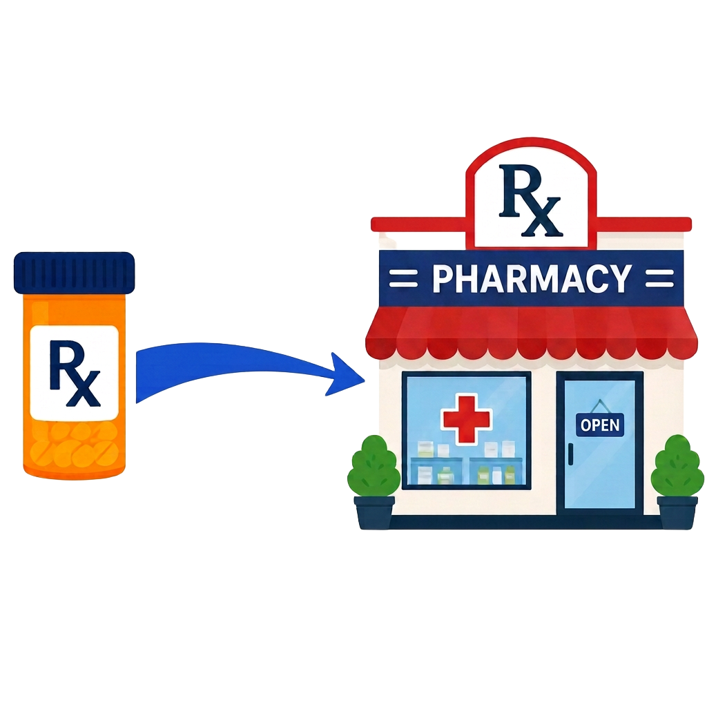 Prescription bottle with pills and a delivery package